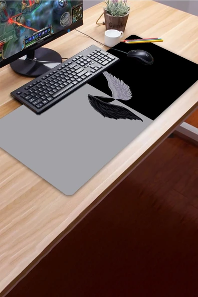 SonicTouch UltraGrand Melek ve Şeytan Kanatları Dikişsiz Xxl Gaming Oyuncu Masaüstü Siyah Beyaz Klavye Mouse Pad 40x90Cm - 3