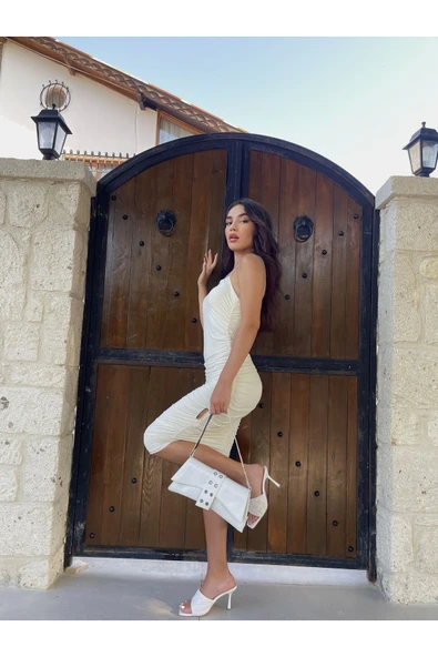 İnce Askılı Drapeli Midi Elbise - 9