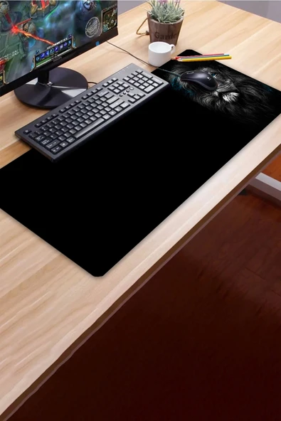 SonicTouch UltraGrand Mavi Gözlü Aslan Dikişsiz Xxl Gaming Oyuncu Masaüstü Siyah Beyaz Klavye Mouse Pad 40x90Cm - 3