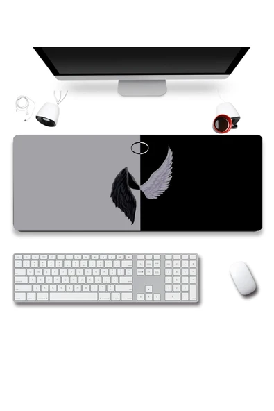 SonicTouch UltraGrand Melek ve Şeytan Kanatları Dikişsiz Xxl Gaming Oyuncu Masaüstü Siyah Beyaz Klavye Mouse Pad 40x90Cm - 2