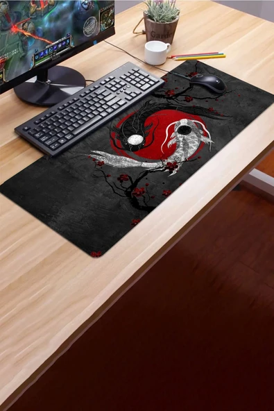 SonicTouch Japon Ying Yang Balığı Gamer Oyuncu Dikişsiz Sıvı Geçirmez Siyah Klavye Mouse Pad 32x70Cm - 3