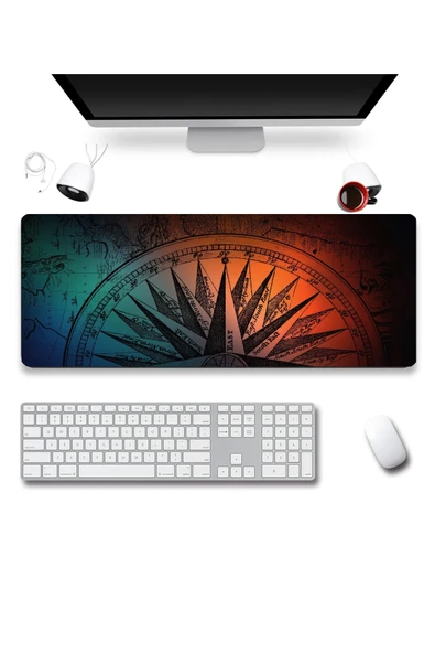 SonicTouch Orta Çağ Pusula Gamer Oyuncu Dikişsiz Sıvı Geçirmez Siyah Klavye Mouse Pad 32x70Cm