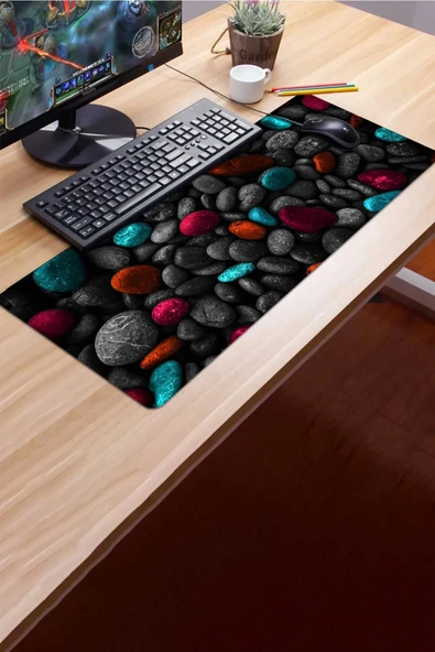 SonicTouch Renkli Çakıl Taşları Gamer Oyuncu Dikişsiz Sıvı Geçirmez Klavye Mouse Pad 32x70Cm - 3