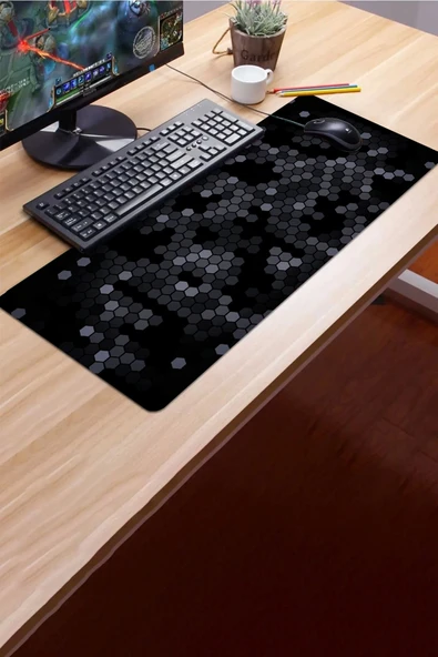 SonicTouch Siyah Gri Petek Desenli Gamer Oyuncu Dikişsiz Sıvı Geçirmez Klavye Mouse Pad 32x70Cm - 3
