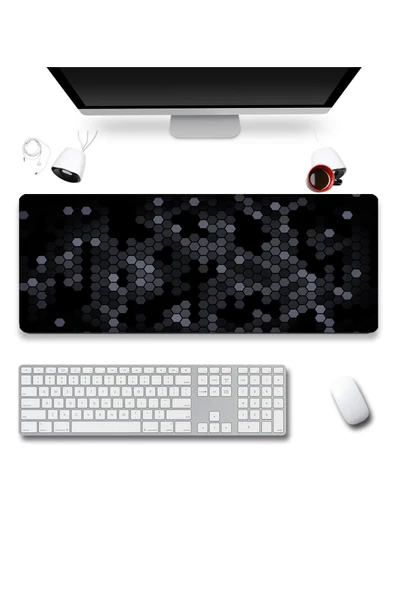 SonicTouch Siyah Gri Petek Desenli Gamer Oyuncu Dikişsiz Sıvı Geçirmez Klavye Mouse Pad 32x70Cm - 2