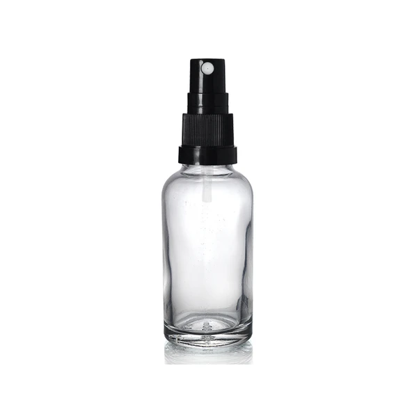 30ml şeffaf cam, siyah sprey başlıklı şişe, 24 adet, cam şişe, sprey şişesi, ecza şişesi, dropper şişe, medikal şişe