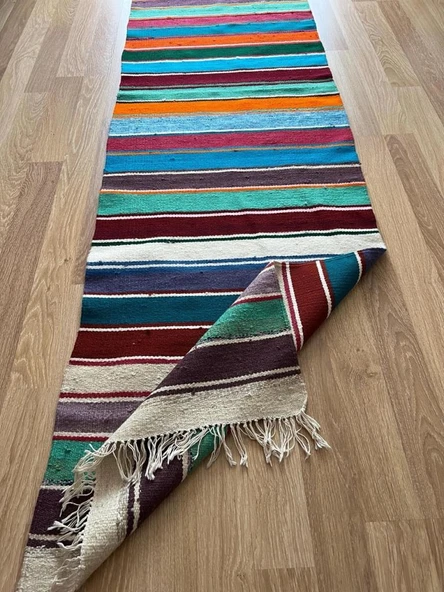 285x75 cm Canlı Renkli Çizgili Türk Kilim, El Dokuma Renkli Yün Yolluk, Vintage Dekoratif Koridor Kilimi - 5