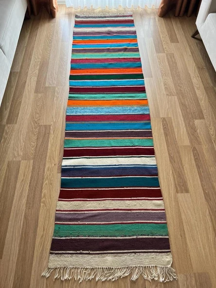 285x75 cm Canlı Renkli Çizgili Türk Kilim, El Dokuma Renkli Yün Yolluk, Vintage Dekoratif Koridor Kilimi