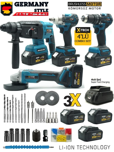 Germany Style Akülü 4lü Set Avuç Taşlama, Kırıcı Delici Hilti, Somun Sıkma , Vidalama Matkap