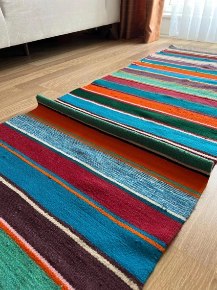 285x75 cm Canlı Renkli Çizgili Türk Kilim, El Dokuma Renkli Yün Yolluk, Vintage Dekoratif Koridor Kilimi - 4