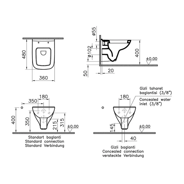 VitrA S20 Square Beyaz Kısa Asma Klozet ve Gömme Rezervuar Tam Set 800-2027 - 4