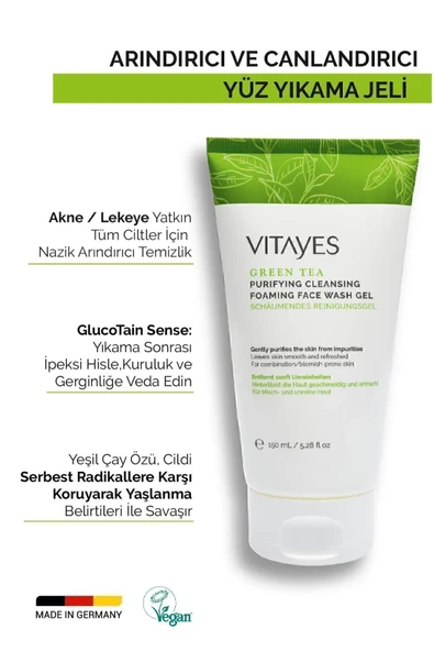 VITAYES Yüz Temizleme Jeli Yağlı Akne Siyah Noktaya Yatkın Ciltler Için Yeşil Çay Özlü Köpük Yüz Yıkama Jeli - 3