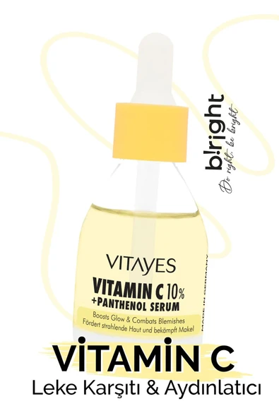 VITAYES Leke Karşıtı Ve Anında Aydınlatıcı C Vitamini %10 Panthenol Cilt Tonu Eşitleyici Nemlendirici Serum 30ml
