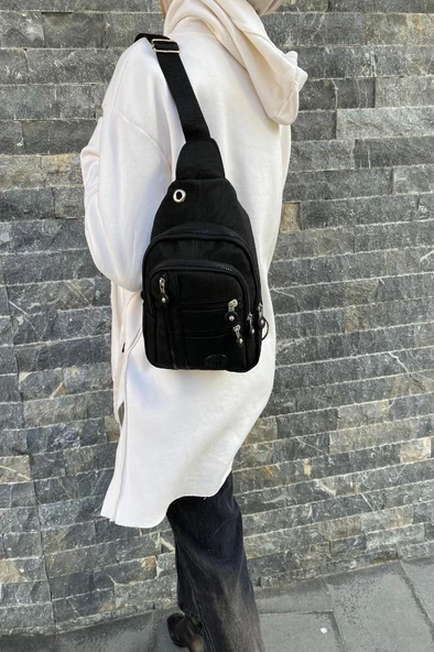 Unisex Siyah Suya Dayanıklı Krinkıl Çapraz Askılı Vücut Ve Bel Çantası Kırinkıl Body Bag - 2