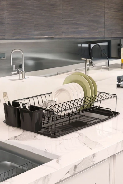 Metaltex Tek Katlı Tablalı Bulaşıklık Pvc Kaplama Siyah 40x27x10cm