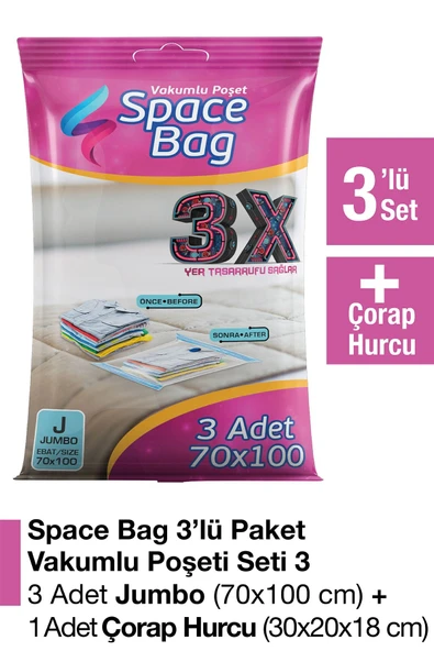 Space Bag 3 Adet 70x100 Vakumlu Poşet Seti + 1 Adet Çorap Hurcu