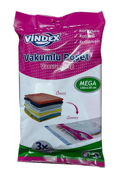 Vindex Vakumlu Giyisi Yastık Yorgan Saklama Torbası Poşeti Hurç - Mega - 100x130 Cm. - 3 Paket - Resim 2