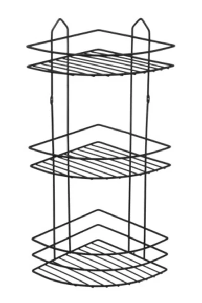nevhas 3 Katlı Köşelik Banyo Rafı Şampuanlık Duş Rafı Termoform Plastik Kaplama Siyah