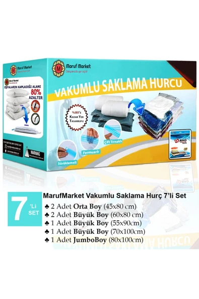 ÜLBAG Marufmarket 7'li Vakumlu Saklama Poşeti Seti-4 (yastık - Elbise - Battaniye-yorgan Hurcu) Vakumhurcu