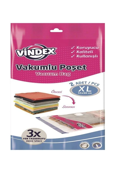 Vindex Vakumlu Giyisi Yastık Yorgan Saklama Torbası Poşeti Hurç - X Large - 55x90 Cm. -2'li 1 Paket