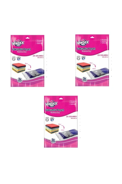 Vindex Vakumlu Giyisi Yastık Yorgan Saklama Torbası Poşeti Hurç - Xx Large -80x100 Cm. -2'li 3 Paket ürün görseli