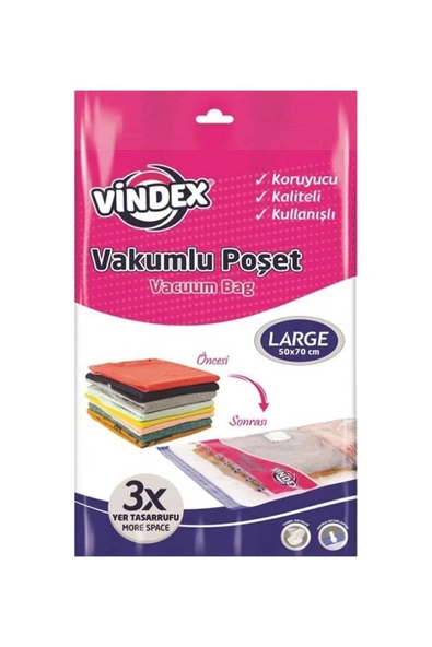 Vindex Vakumlu Giyisi Yastık Yorgan Saklama Torbası Poşeti Hurç - Large - 50x70 Cm. -1 Adetlik Paket