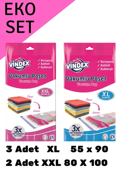 Vindex 5'li Eko Vakumlu Poşet Vakumlu Hurç Ekonomik Set