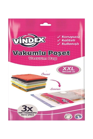 Vindex Vakumlu Giyisi Yastık Yorgan Saklama Torbası Poşeti Hurç - Xx Large - 80x100 Cm. - 5 Paket - Resim 2