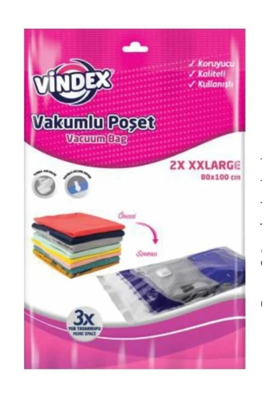 Vindex Vakumlu Giyisi Yastık Yorgan Saklama Torbası Poşeti Hurç - Xx Large -80x100 Cm. -2'li 1 Paket ürün görseli