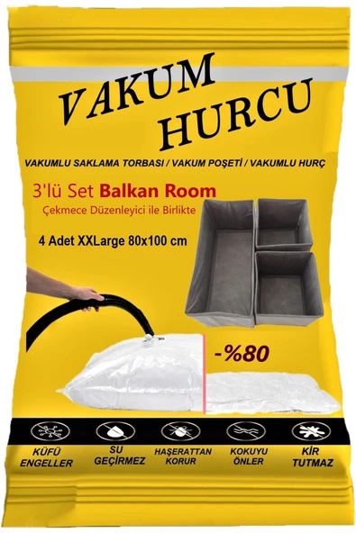 Vakum Hurcu 4'lü Set Xxlarge 80x100 Cm Vakumlu Hurç - Vakumlu Poşet -