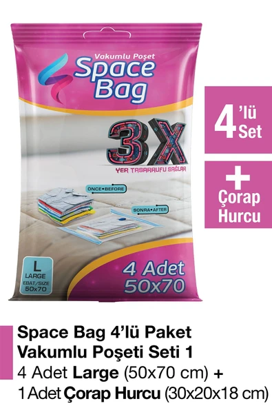 Space Bag 4 Adet 50x70 Vakumlu Poşet Seti ve  1 Adet Çorap Hurcu ürün görseli 1