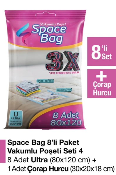 Space Bag 8 Adet 80x120 Vakumlu Poşet Seti + 1 Adet Çorap Hurcu