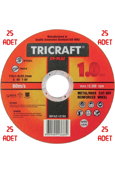 Tricraft Trcx 25 Adet Inox Metal Kesici Taş 115x1.0x22 Mm 25'li