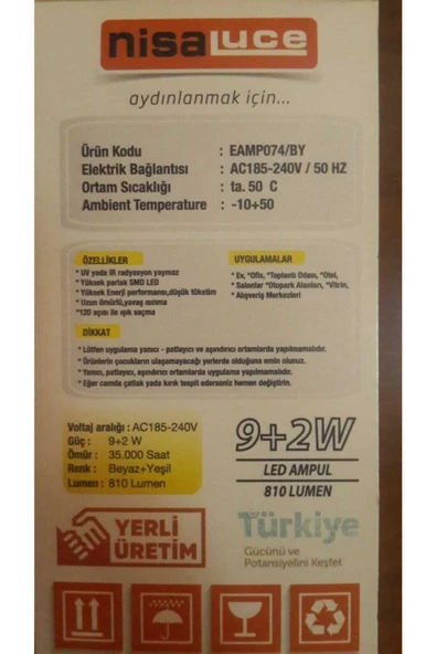 Nisa Led Ampul. 9 Watt Normal Ve 2 Watt Gece Lambası Let Ampul Bir Arada. Tekli - 2