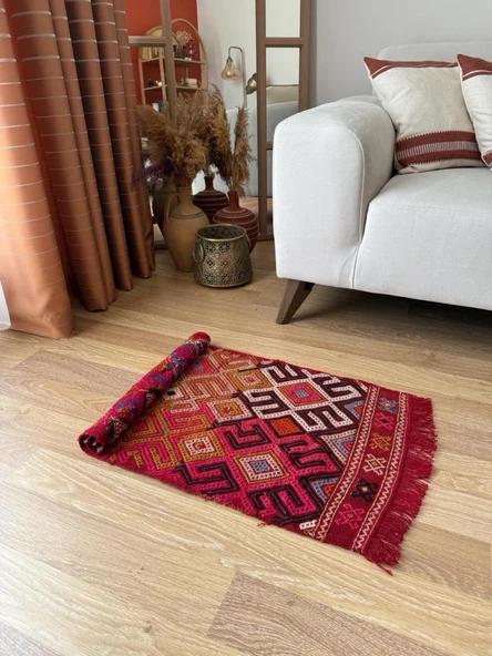 47x90 cm Küçük Boy Renkli Türk Kilim, Koçboynuzu Motifi, El Dokuma Vintage Kilim, Bohem Stili Kilim - 7