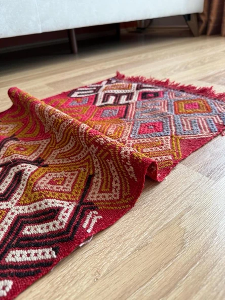 47x90 cm Küçük Boy Renkli Türk Kilim, Koçboynuzu Motifi, El Dokuma Vintage Kilim, Bohem Stili Kilim - 2