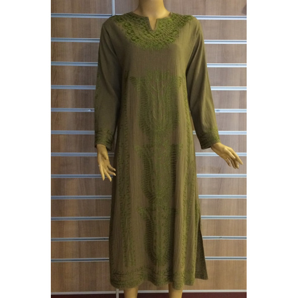 Eliş Şile Bezi- Simli Kaftan Elbise- Kodu 222.02- S  beden- Haki renk