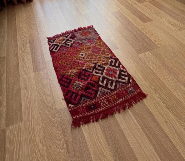 47x90 cm Küçük Boy Renkli Türk Kilim, Koçboynuzu Motifi, El Dokuma Vintage Kilim, Bohem Stili Kilim - 8