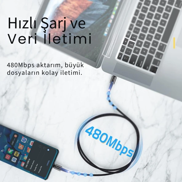 Essager Led Işıklı 2Metre 5A 100W Type C To Type C Şarj Kablosu Örgü Kopmaz Kablo Şarj Akım Koruma - 5