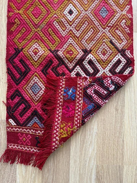 47x90 cm Küçük Boy Renkli Türk Kilim, Koçboynuzu Motifi, El Dokuma Vintage Kilim, Bohem Stili Kilim - 4