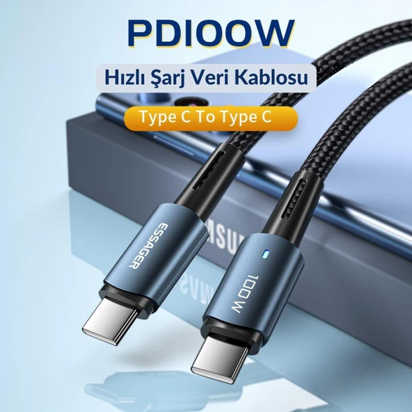 Essager Led Işıklı 2Metre 5A 100W Type C To Type C Şarj Kablosu Örgü Kopmaz Kablo Şarj Akım Koruma - 6
