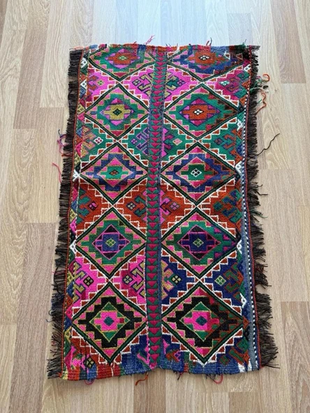 66x121 cm Küçük Boy Canlı Renkli Kilim, Geometrik ve Akrep Motifli, El Dokuma Vintage Kilim, Harika Ev Dekoru - 6