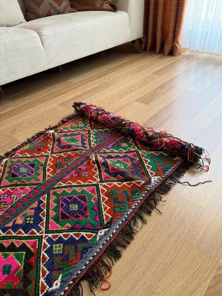 66x121 cm Küçük Boy Canlı Renkli Kilim, Geometrik ve Akrep Motifli, El Dokuma Vintage Kilim, Harika Ev Dekoru - 7