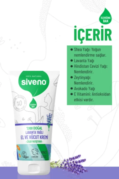 Siveno %100 Doğal El Ve Vücut Kremi Lavanta Cilt Yatıştırıcı Onarıcı Yoğun Nemlendirici Vegan 50 ml