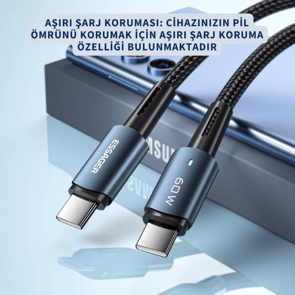 Essager Led Işıklı 2Metre QC4.0 PD 60W Type C To Type C Şarj Kablosu Örgü Kopmaz Şarj Akım Korumalı - Resim 5