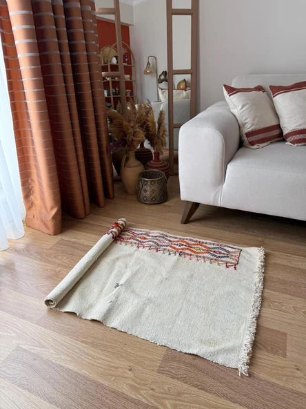 104x64 cm Küçük Açık Renkli Türk Kilimi, El Dokuma Vintage Halı, Eşsiz Bohem Kilim, Şık Ev Dekoru Hediyesi - 3