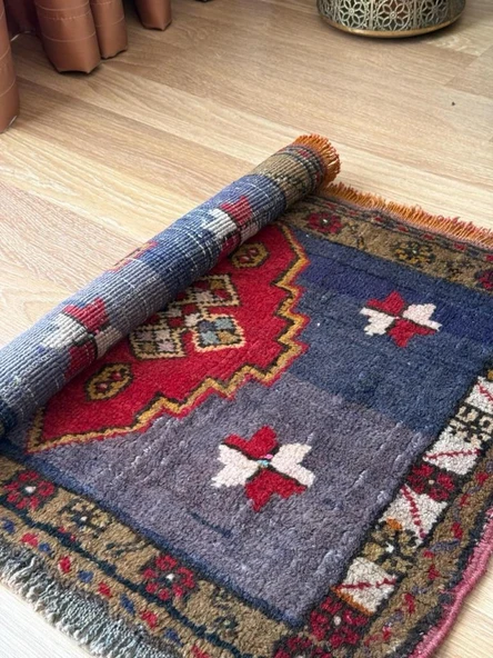 53x70 cm Küçük Türk Halı, El Dokuma Yün Halı, Giriş için Zemin Halısı, Vintage Bohem Ev Dekoru, Şık Küçük Halı - 5