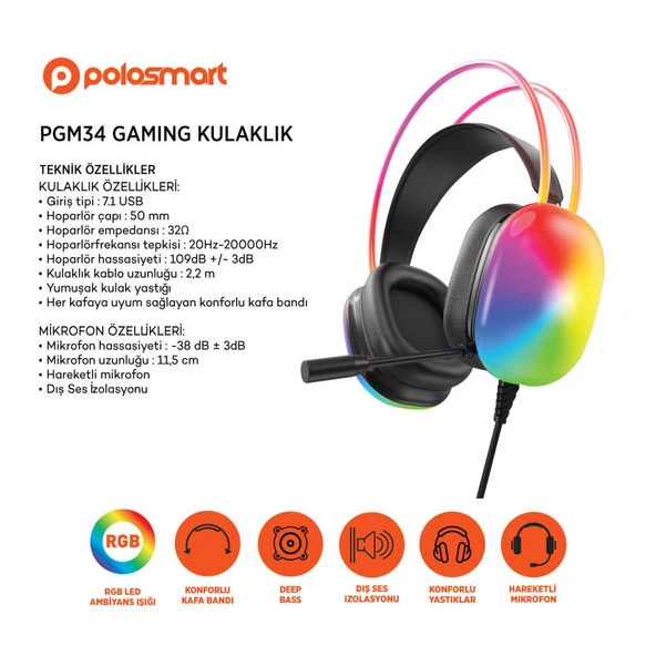 Polosmart Pgm34 Gaming Oyuncu Kulaklığı Hareketli Mikrofon Siyah - 3