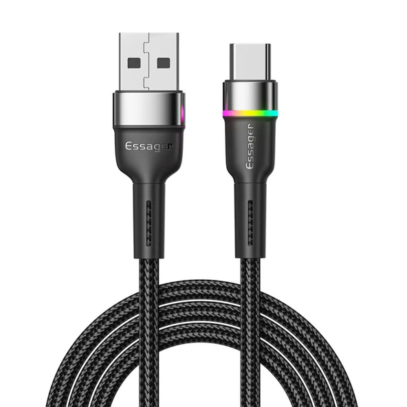 Essager Led Işıklı 1 Metre 3.0A USB to Type C Şarj Kablosu 480Mbps Veri Aktarım Şarj Akım Korumalı