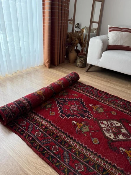 113x268 cm El Dokuma Yolluk, Mükemmel Durumda Yün Halı, Antika Anadolu Nadir Desenli Yolluk, Canlı Renkli Halı - 2